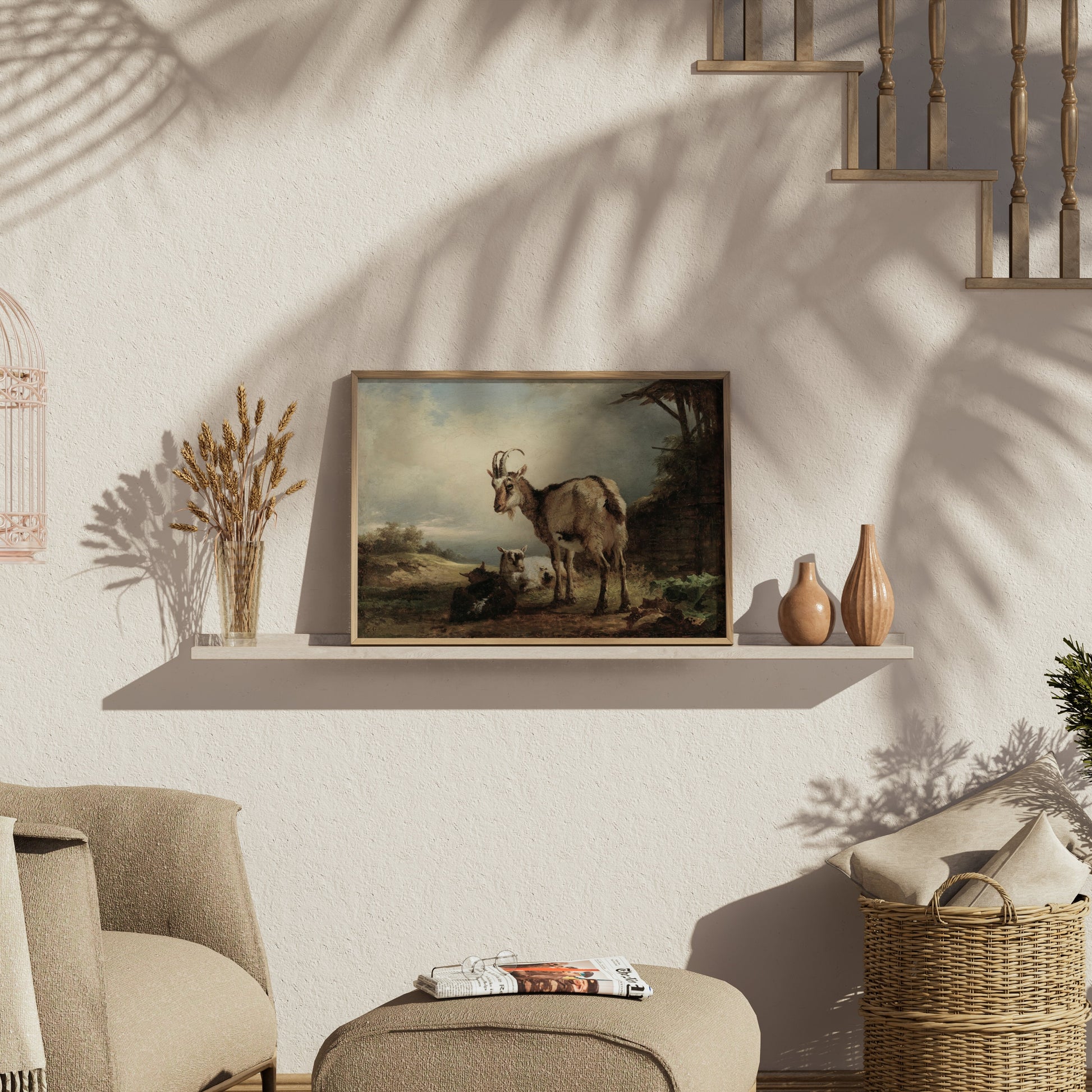 Premium Poster of Rustic Goats in Countryside Landscape Art Posters