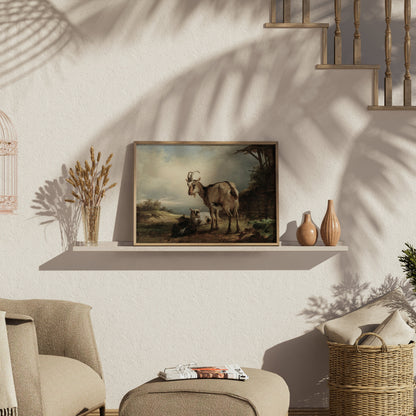 Premium Poster of Rustic Goats in Countryside Landscape Art Posters