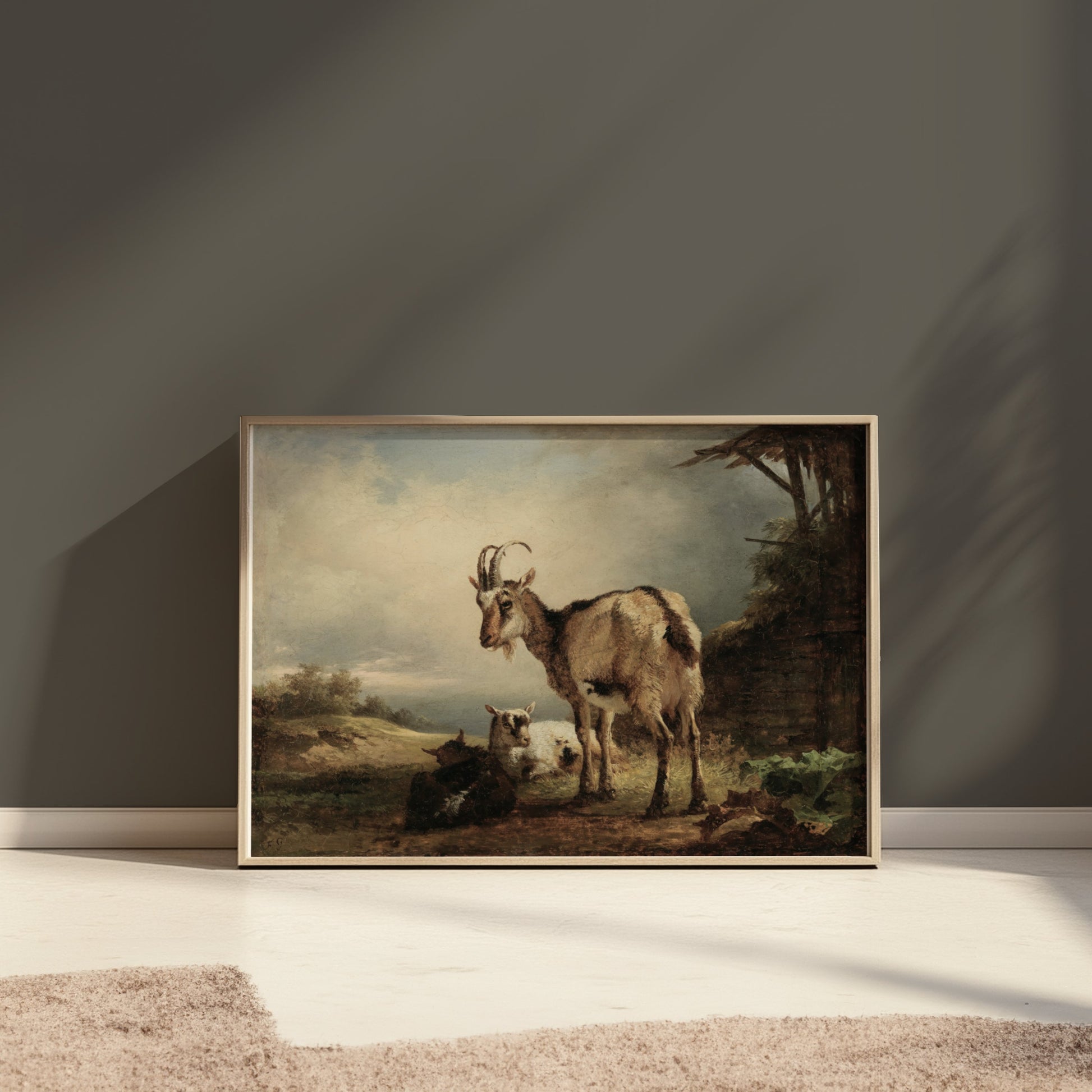Premium Poster of Rustic Goats in Countryside Landscape Art Posters