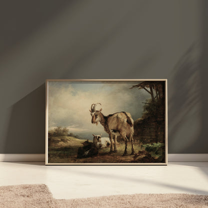 Premium Poster of Rustic Goats in Countryside Landscape Art Posters