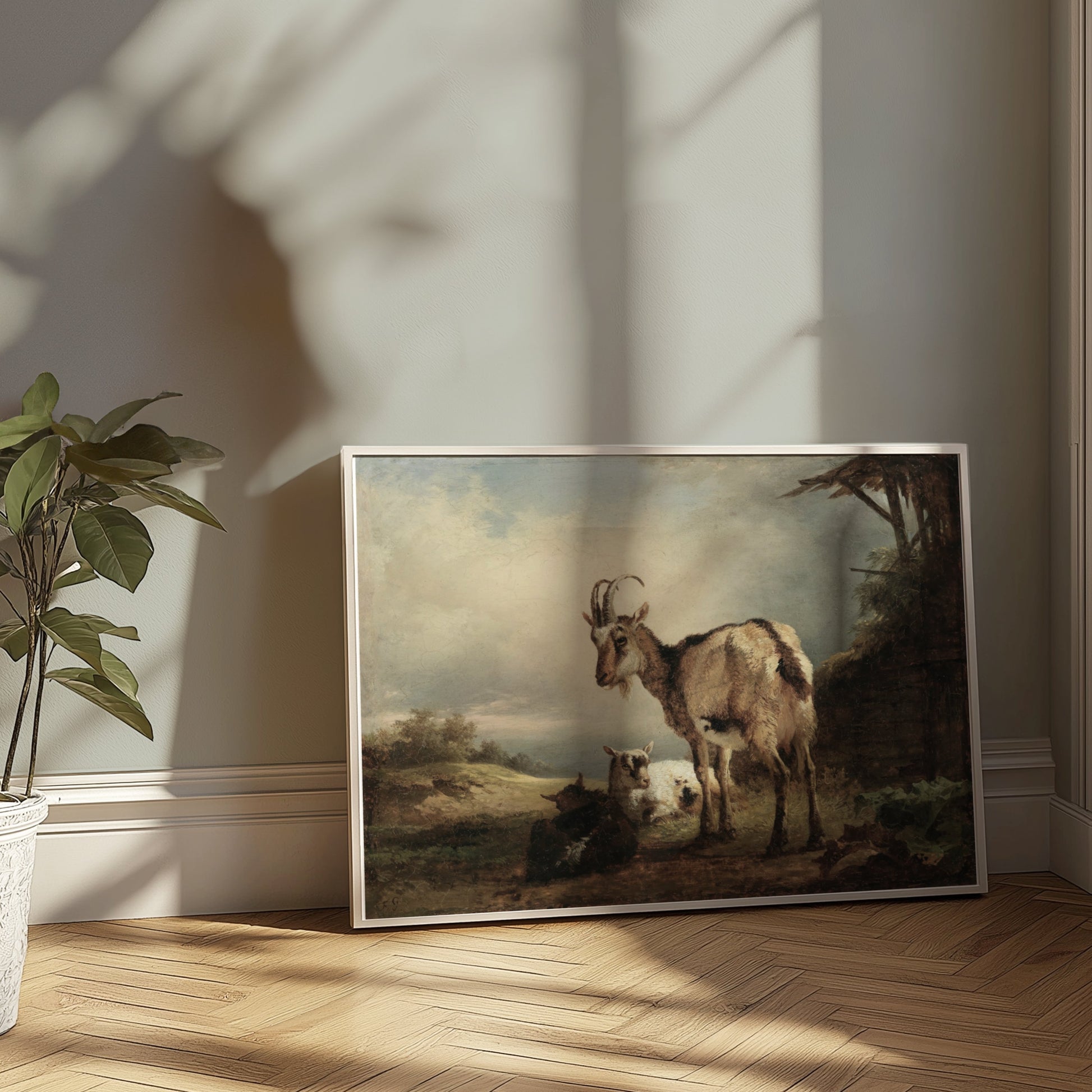 Premium Poster of Rustic Goats in Countryside Landscape Art Posters