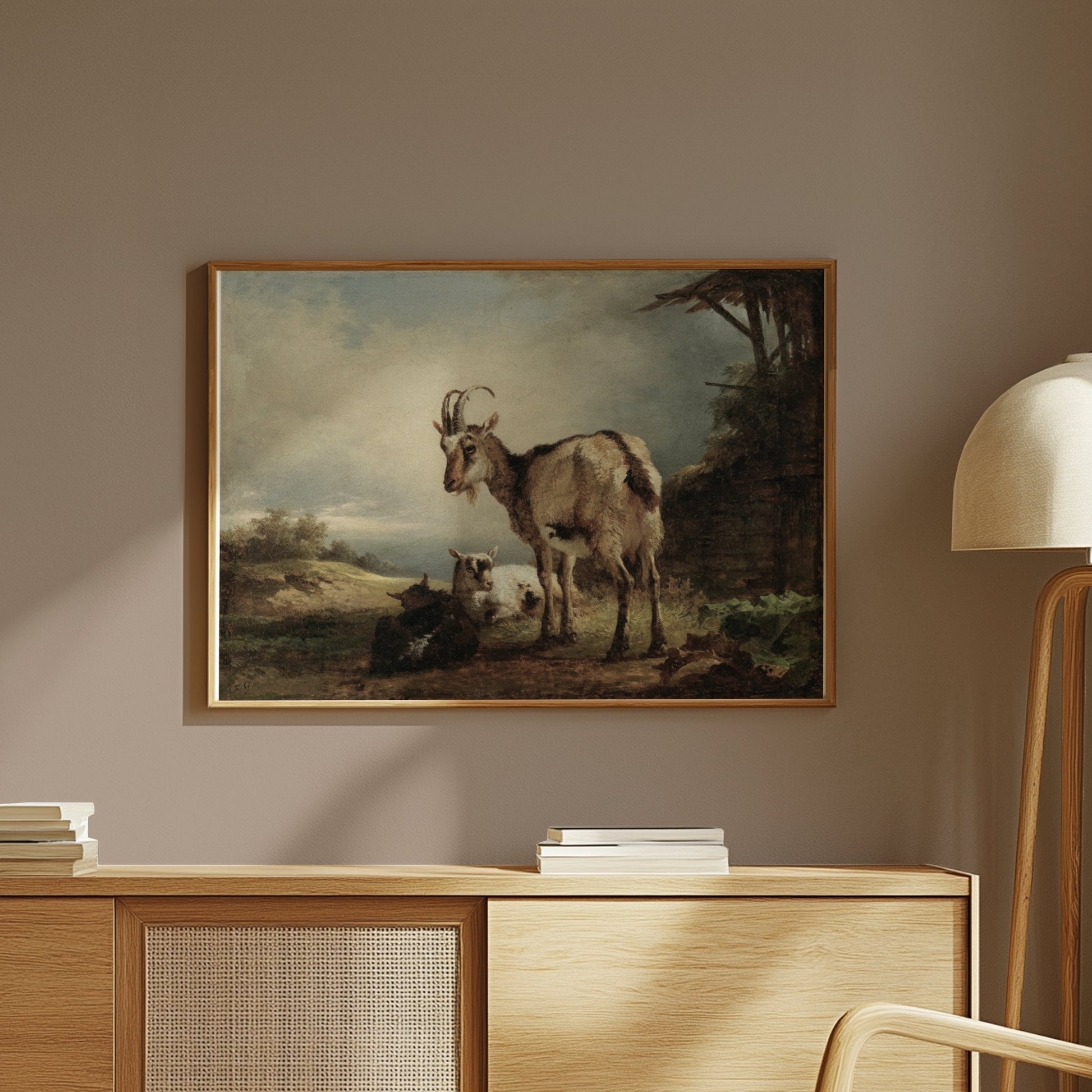 Premium Poster of Rustic Goats in Countryside Landscape Art Posters