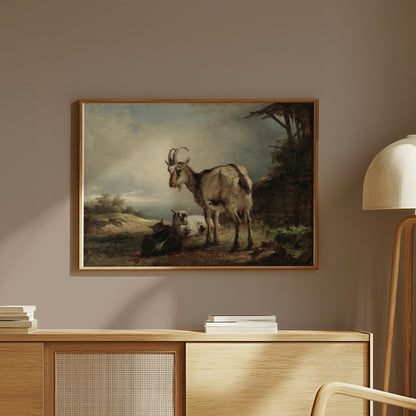 Premium Poster of Rustic Goats in Countryside Landscape Art Posters