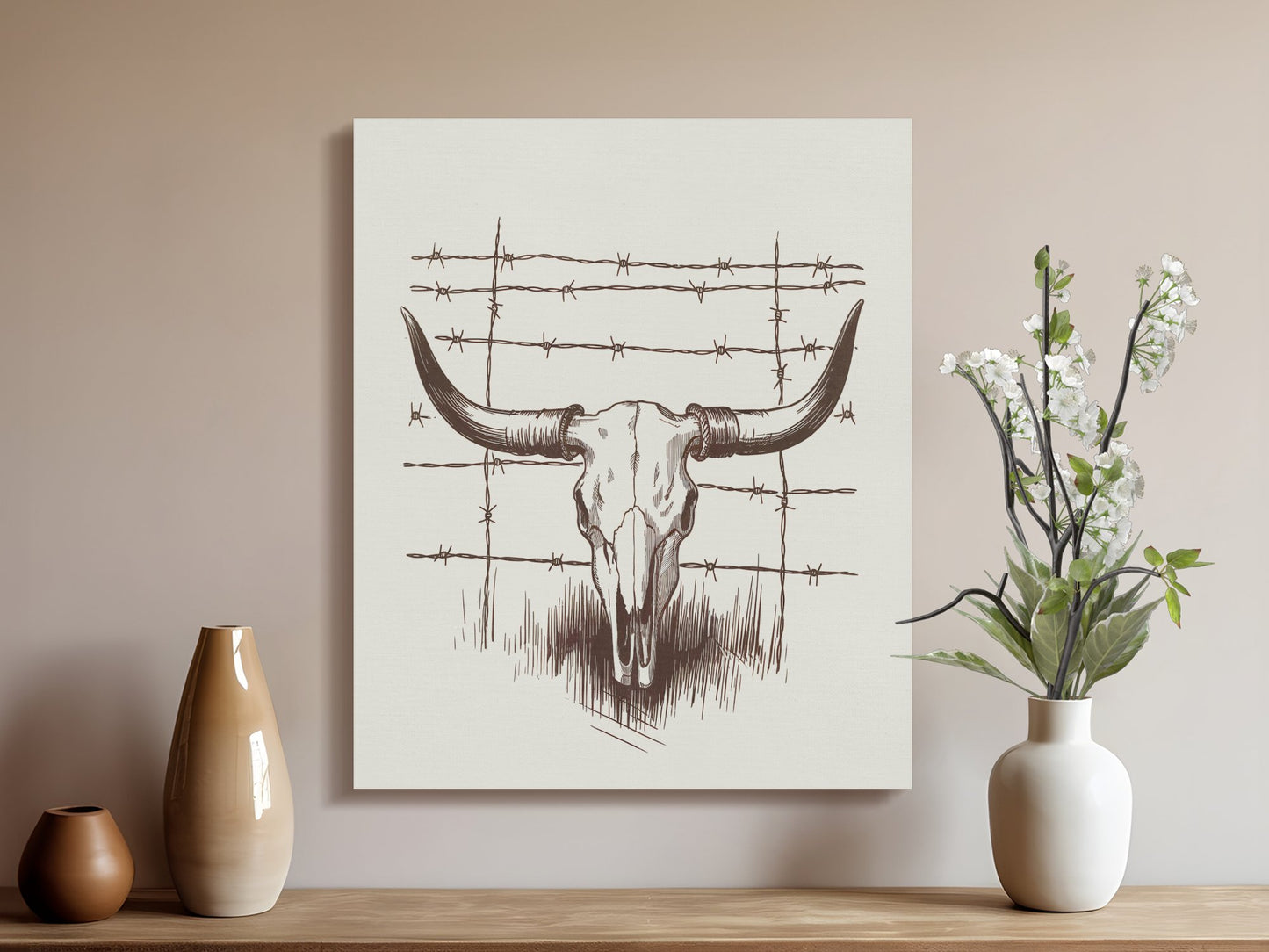 Premium Poster of Rustic Vintage Longhorn Skull Barbed Wire Wall Art Canvas Wraps