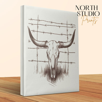Premium Poster of Rustic Vintage Longhorn Skull Barbed Wire Wall Art Canvas Wraps