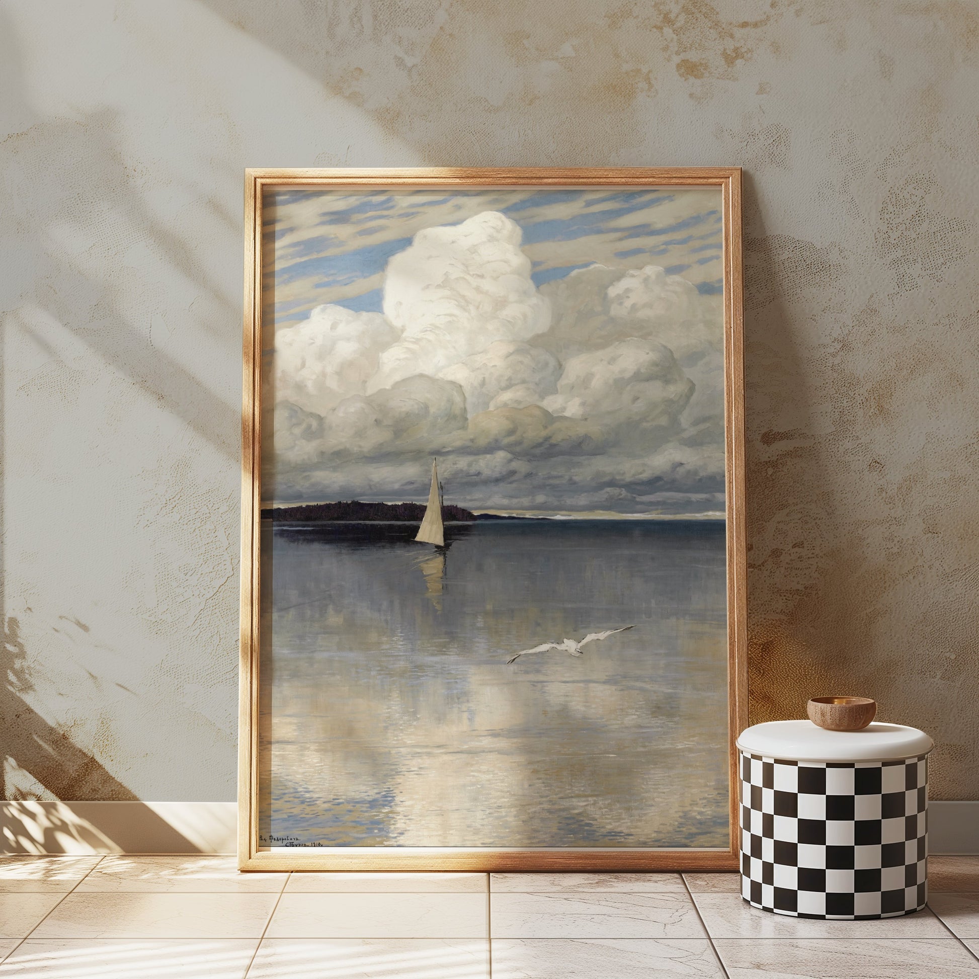 Premium Poster of Sailboat in Tranquil Sea with Clouds Posters