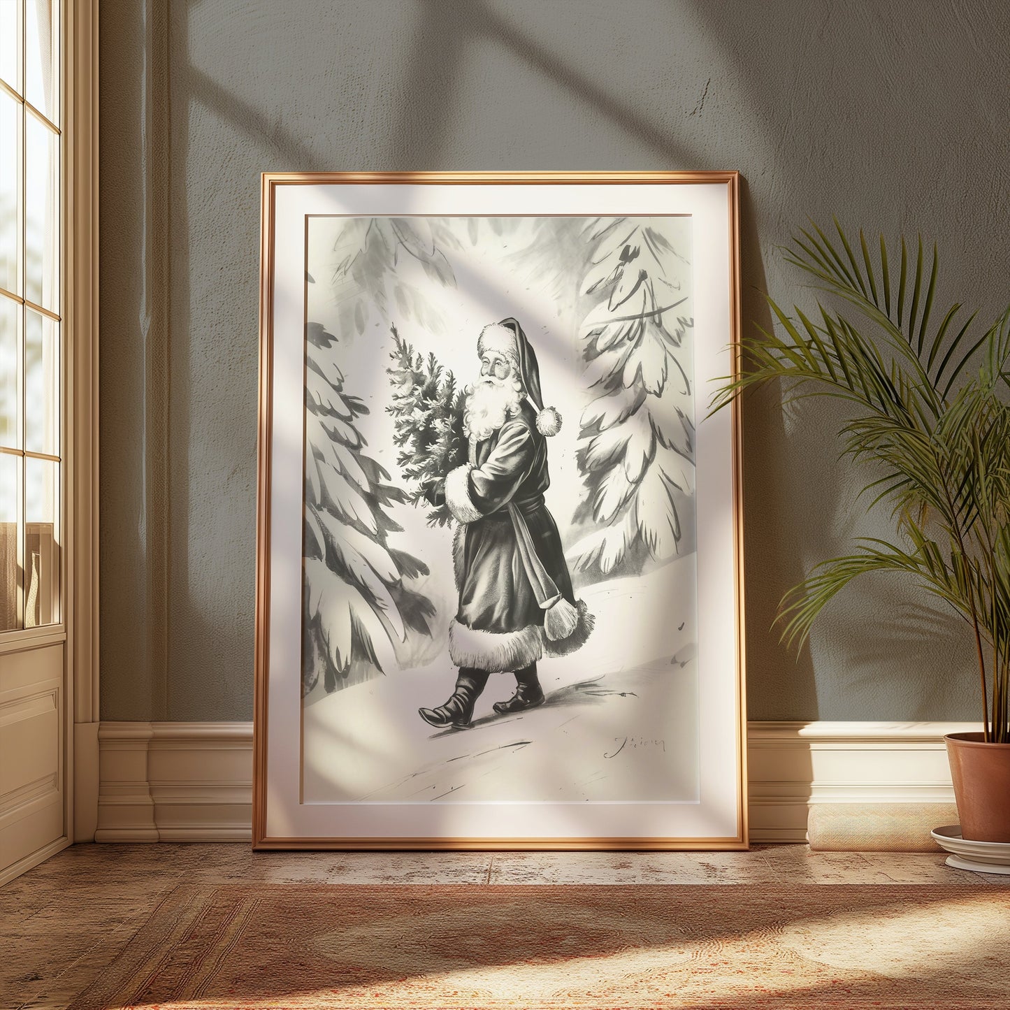 Premium Poster of Santa Claus Carrying Christmas Tree Posters