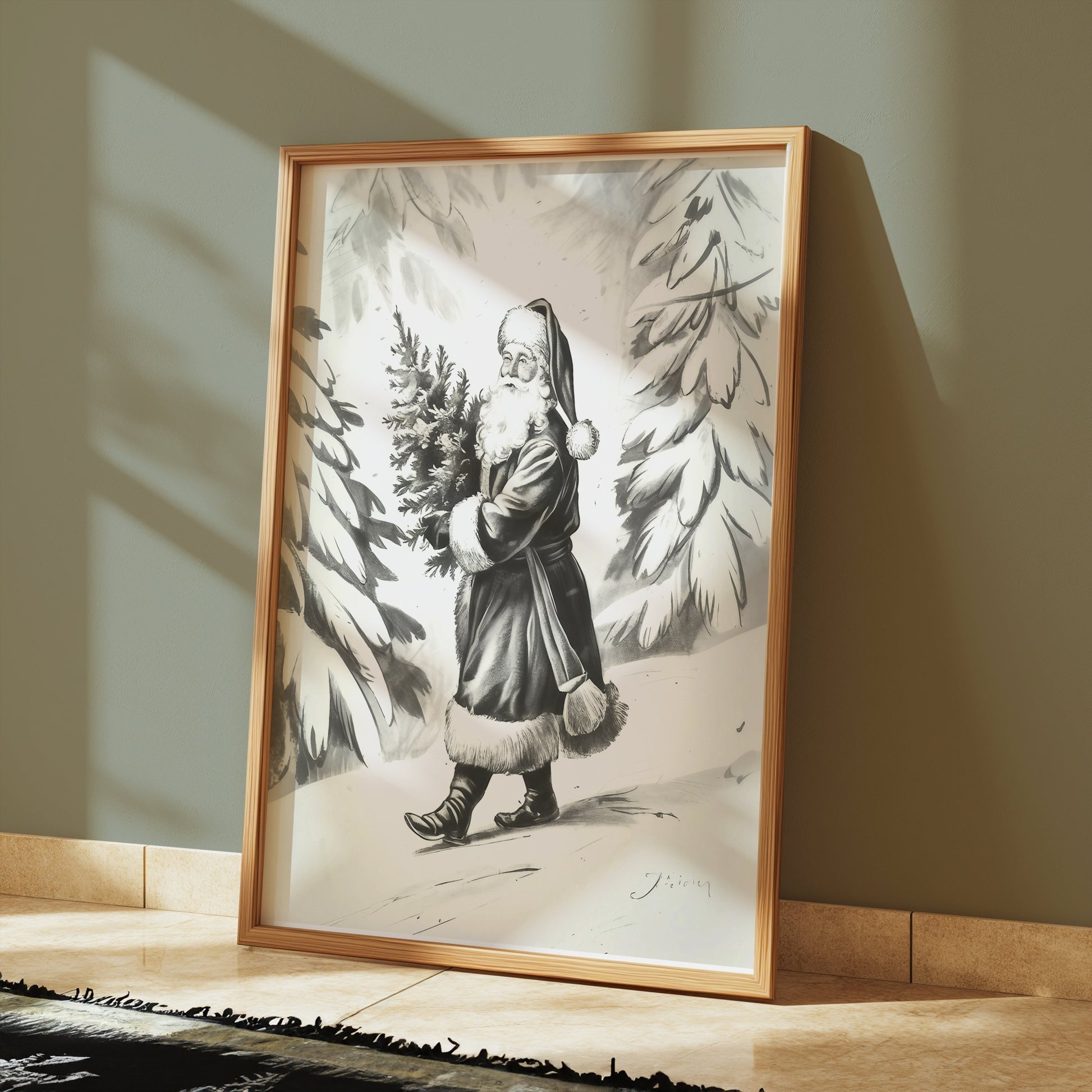 Premium Poster of Santa Claus Carrying Christmas Tree Posters
