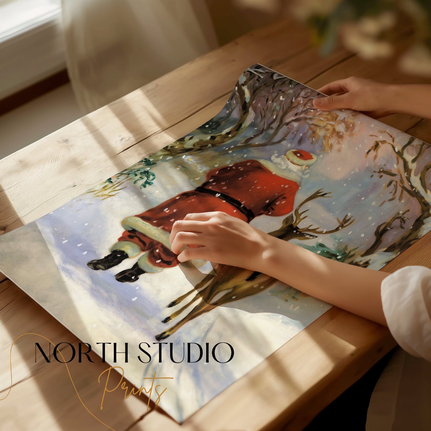 Premium Poster of Santa Claus and Reindeer in Winter Wonderland Posters