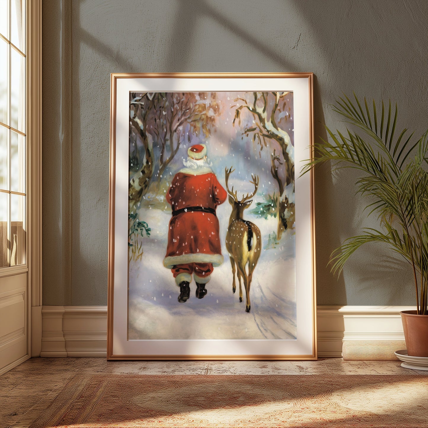 Premium Poster of Santa Claus and Reindeer in Winter Wonderland Posters