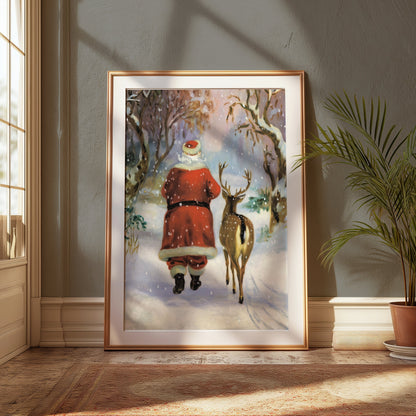 Premium Poster of Santa Claus and Reindeer in Winter Wonderland Posters