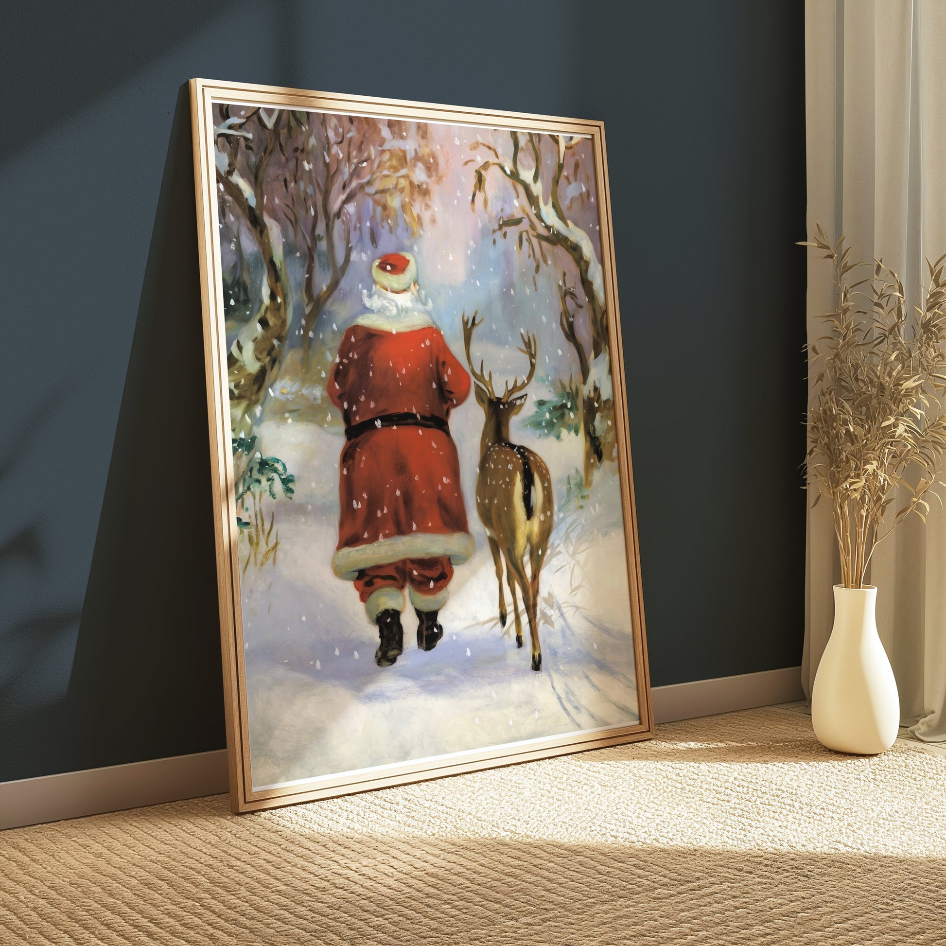 Premium Poster of Santa Claus and Reindeer in Winter Wonderland Posters