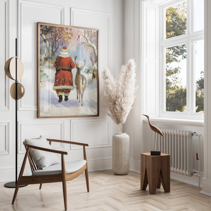 Premium Poster of Santa Claus and Reindeer in Winter Wonderland Posters
