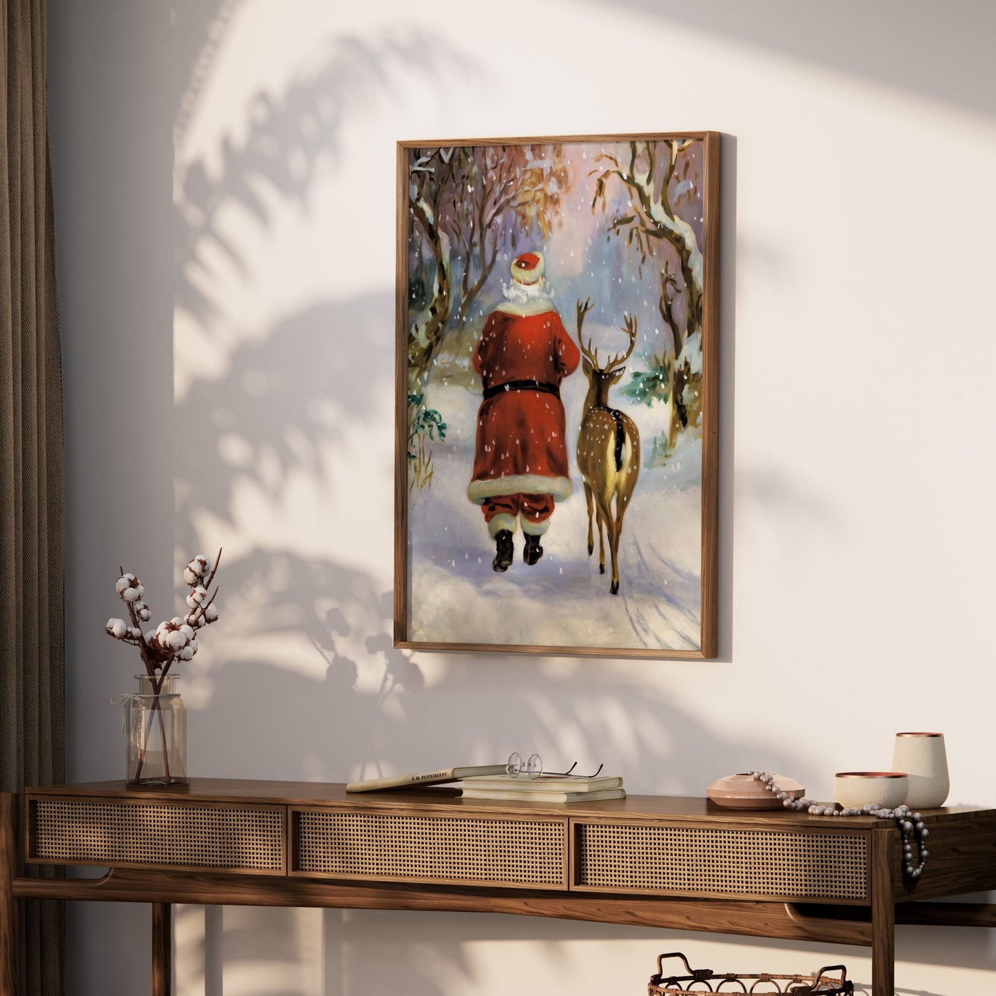 Premium Poster of Santa Claus and Reindeer in Winter Wonderland Posters