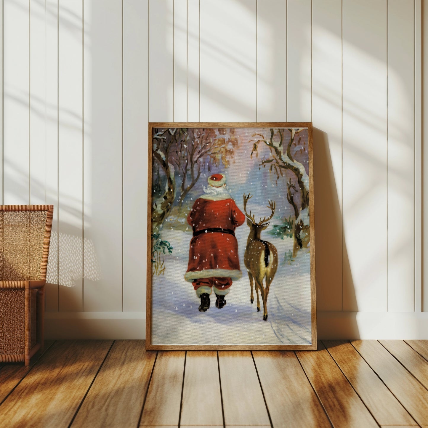 Premium Poster of Santa Claus and Reindeer in Winter Wonderland Posters