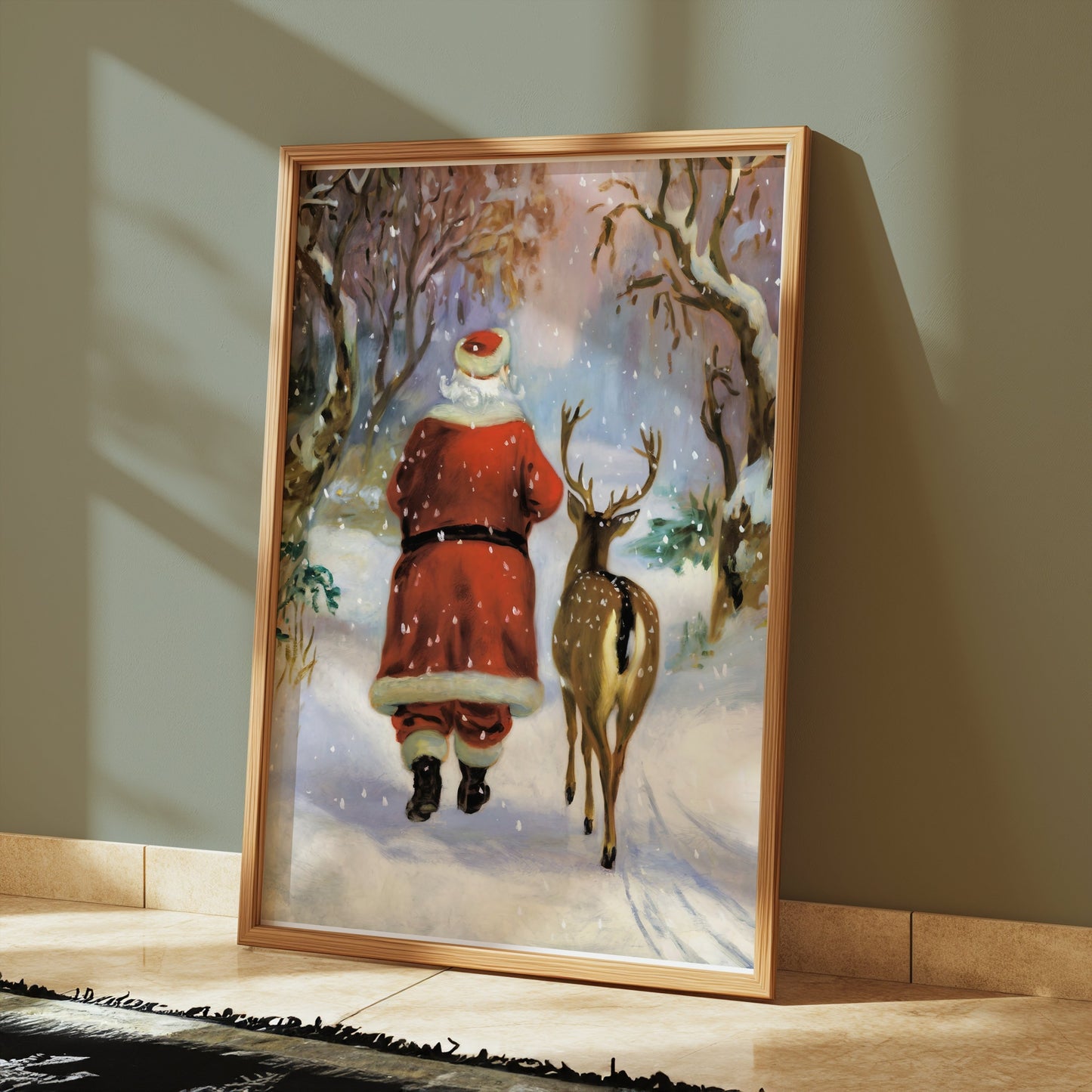 Premium Poster of Santa Claus and Reindeer in Winter Wonderland Posters