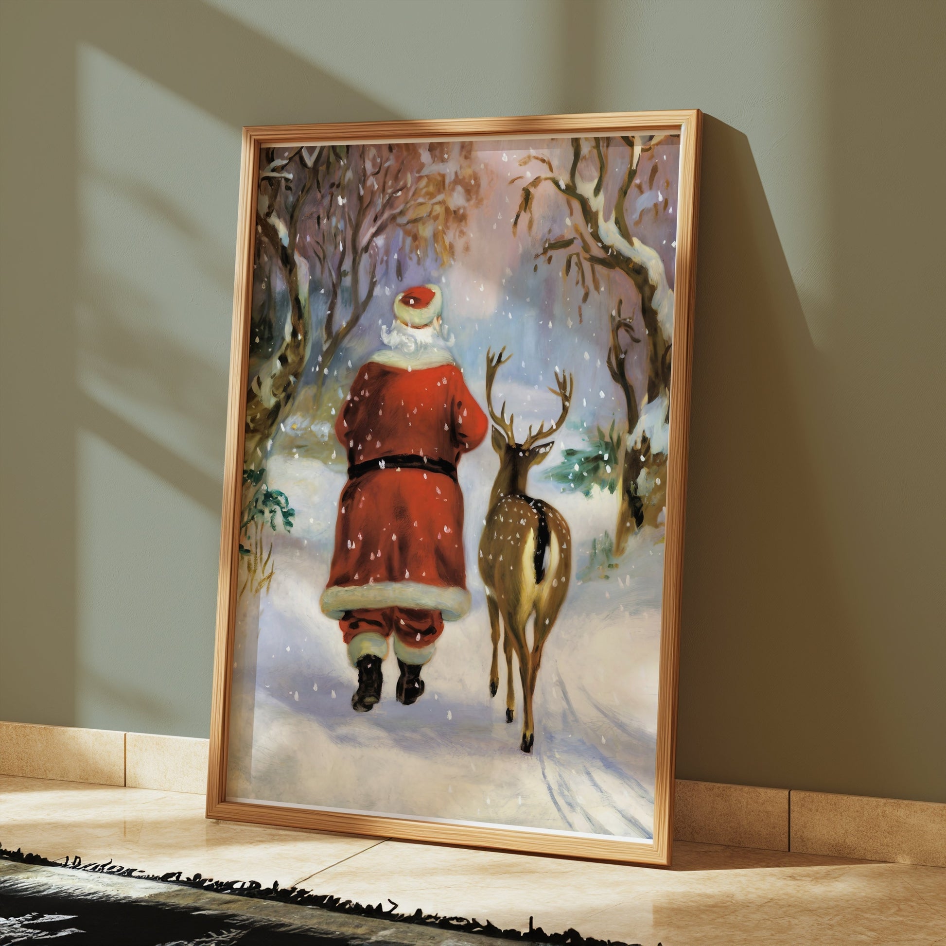 Premium Poster of Santa Claus and Reindeer in Winter Wonderland Posters