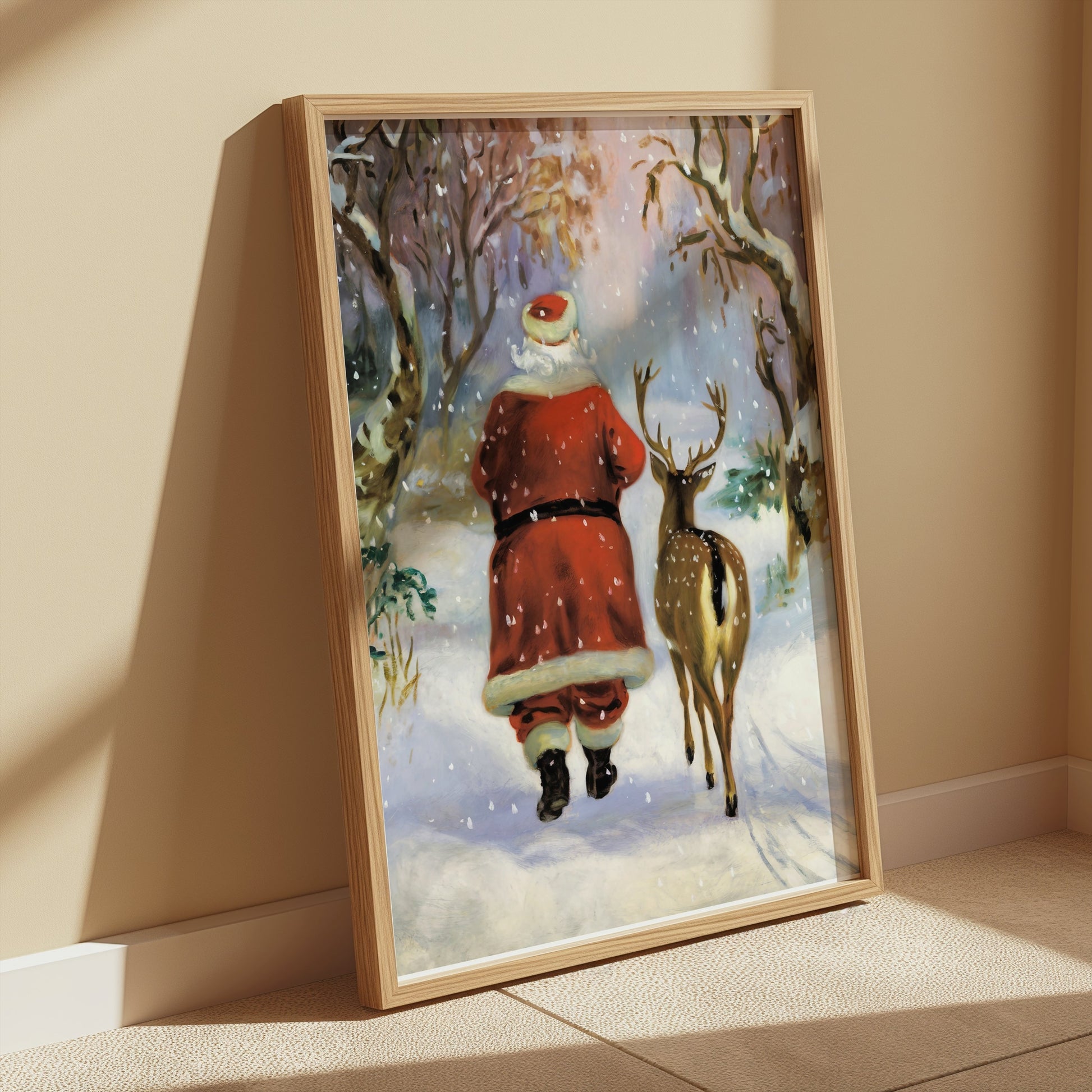 Premium Poster of Santa Claus and Reindeer in Winter Wonderland Posters