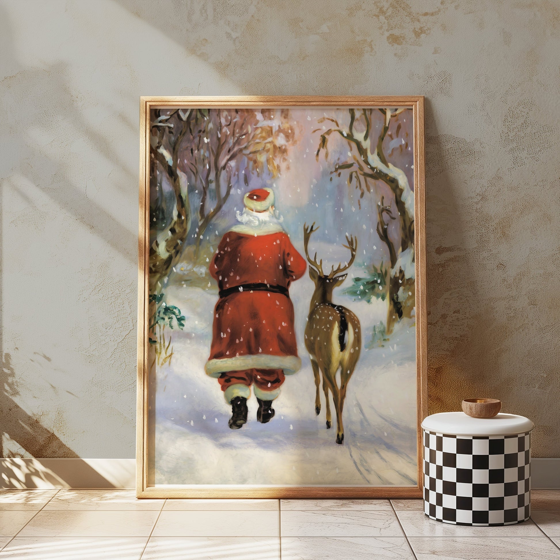 Premium Poster of Santa Claus and Reindeer in Winter Wonderland Posters