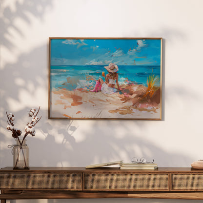 Premium Poster of Scenic Beach with Woman in Hat and Drink Posters