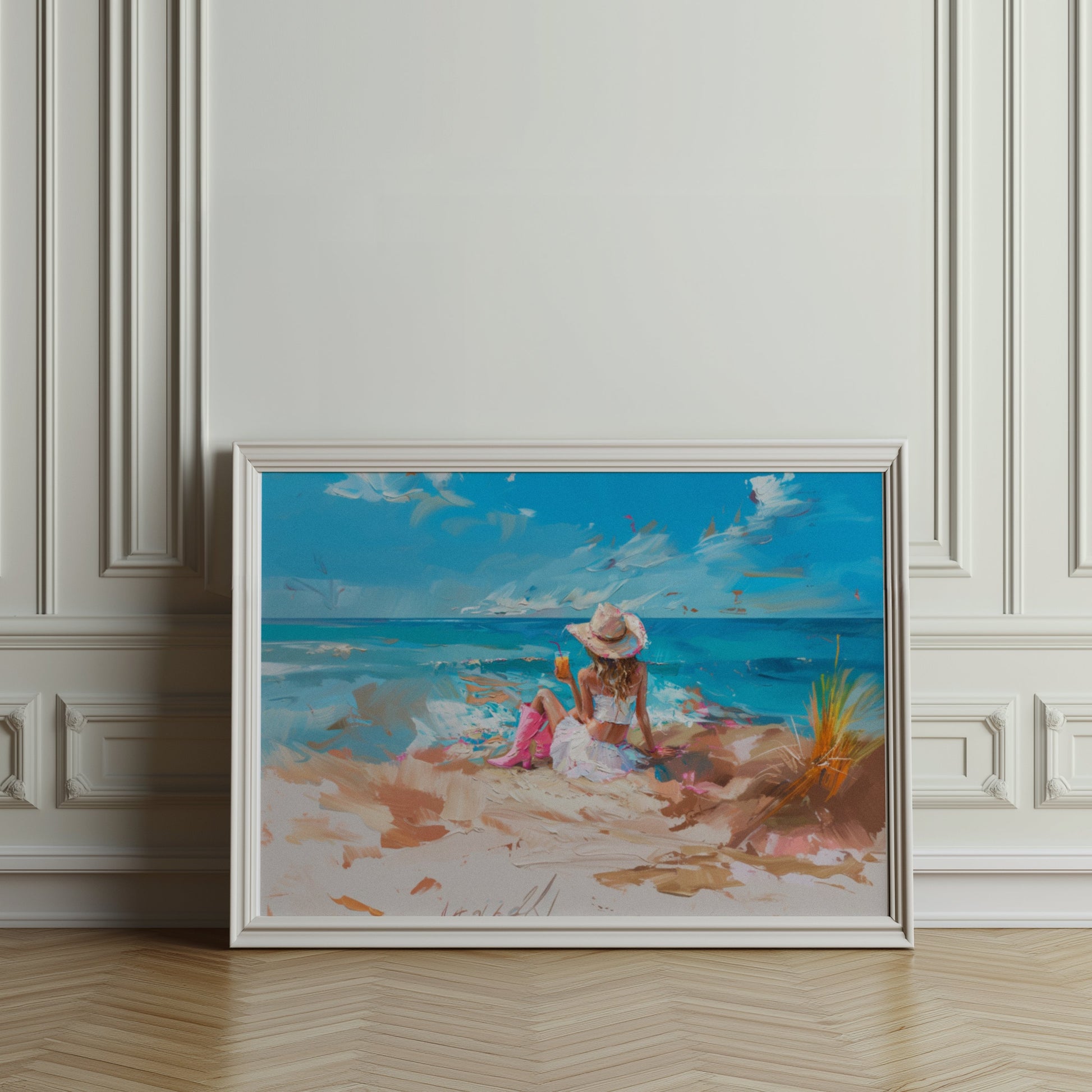 Premium Poster of Scenic Beach with Woman in Hat and Drink Posters