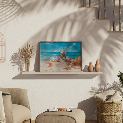 Premium Poster of Scenic Beach with Woman in Hat and Drink Posters