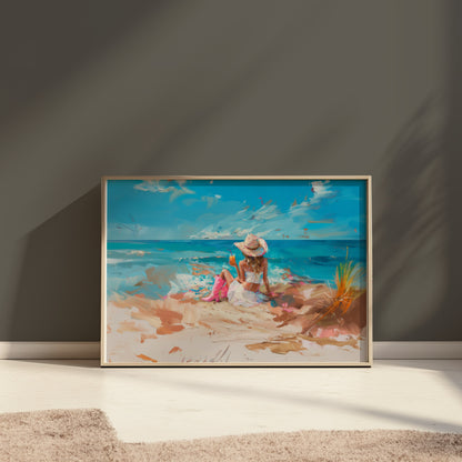 Premium Poster of Scenic Beach with Woman in Hat and Drink Posters