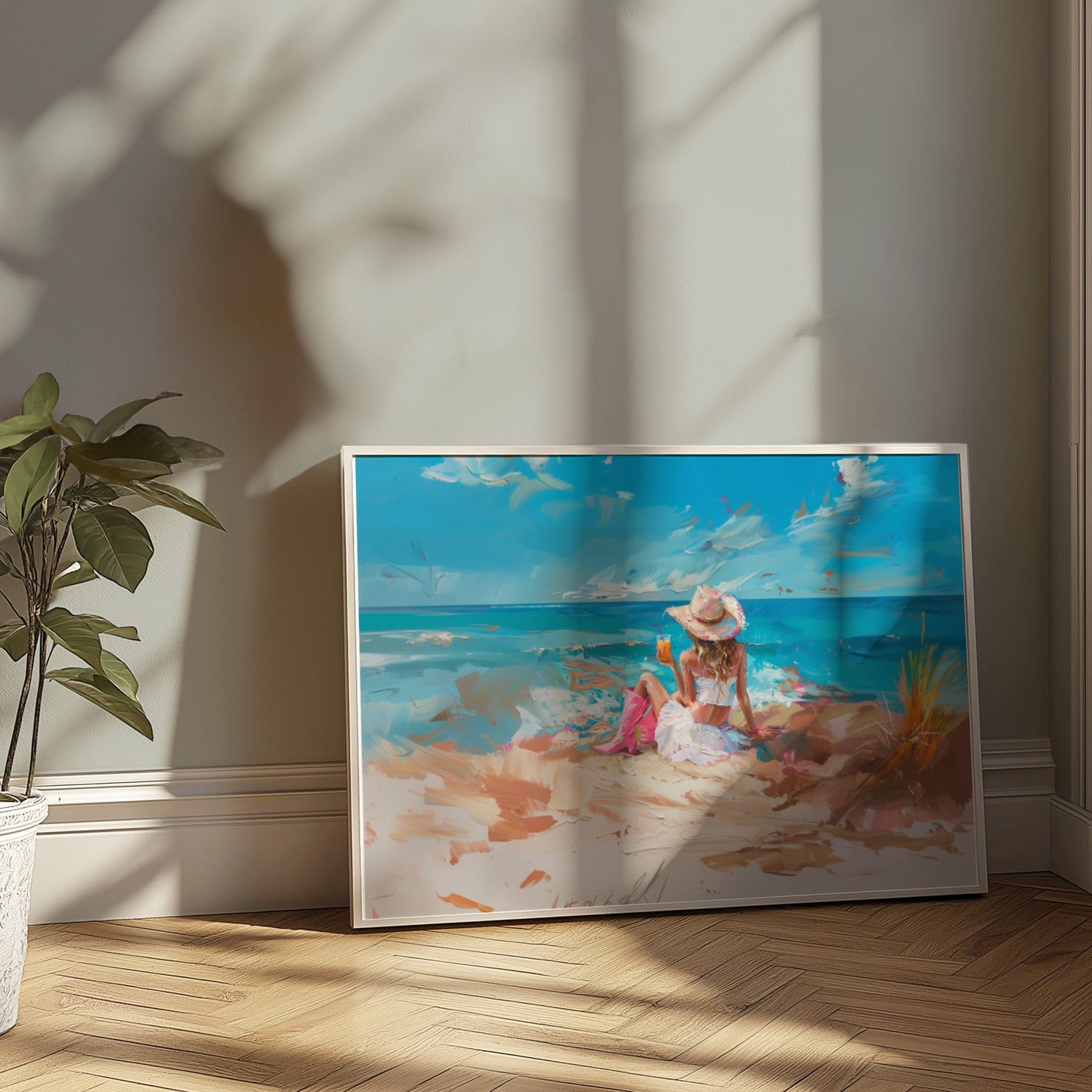 Premium Poster of Scenic Beach with Woman in Hat and Drink Posters