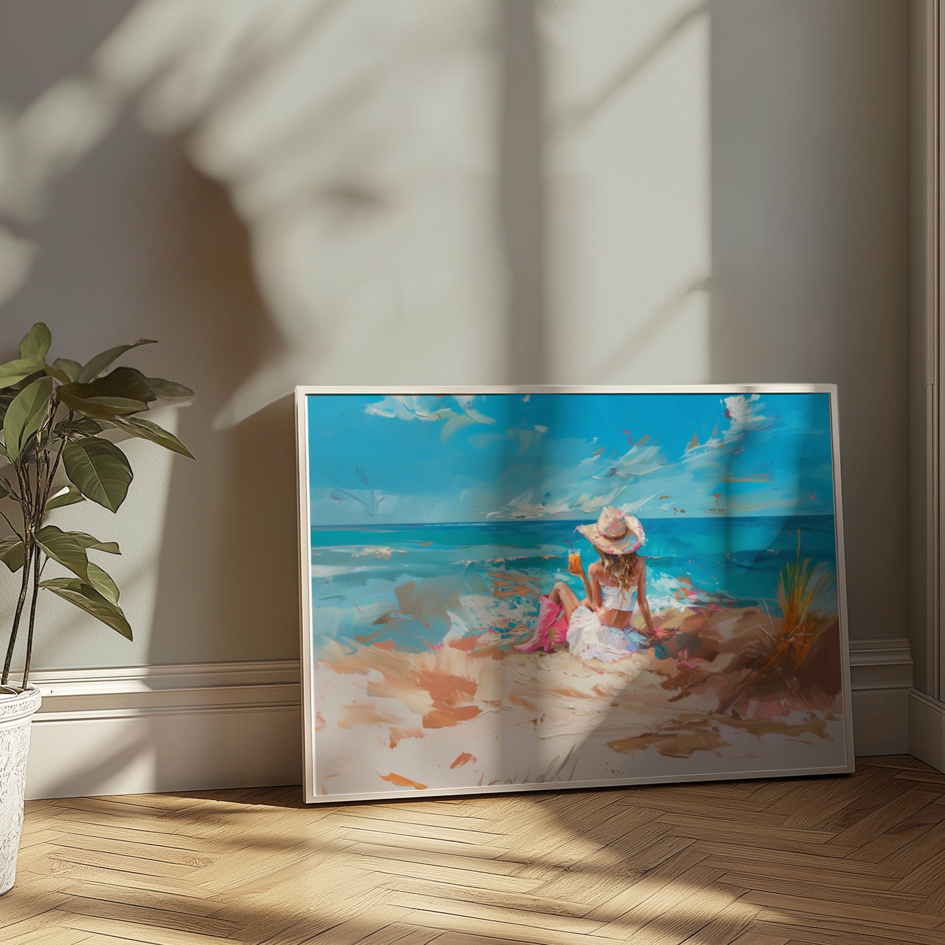 Premium Poster of Scenic Beach with Woman in Hat and Drink Posters
