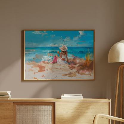 Premium Poster of Scenic Beach with Woman in Hat and Drink Posters
