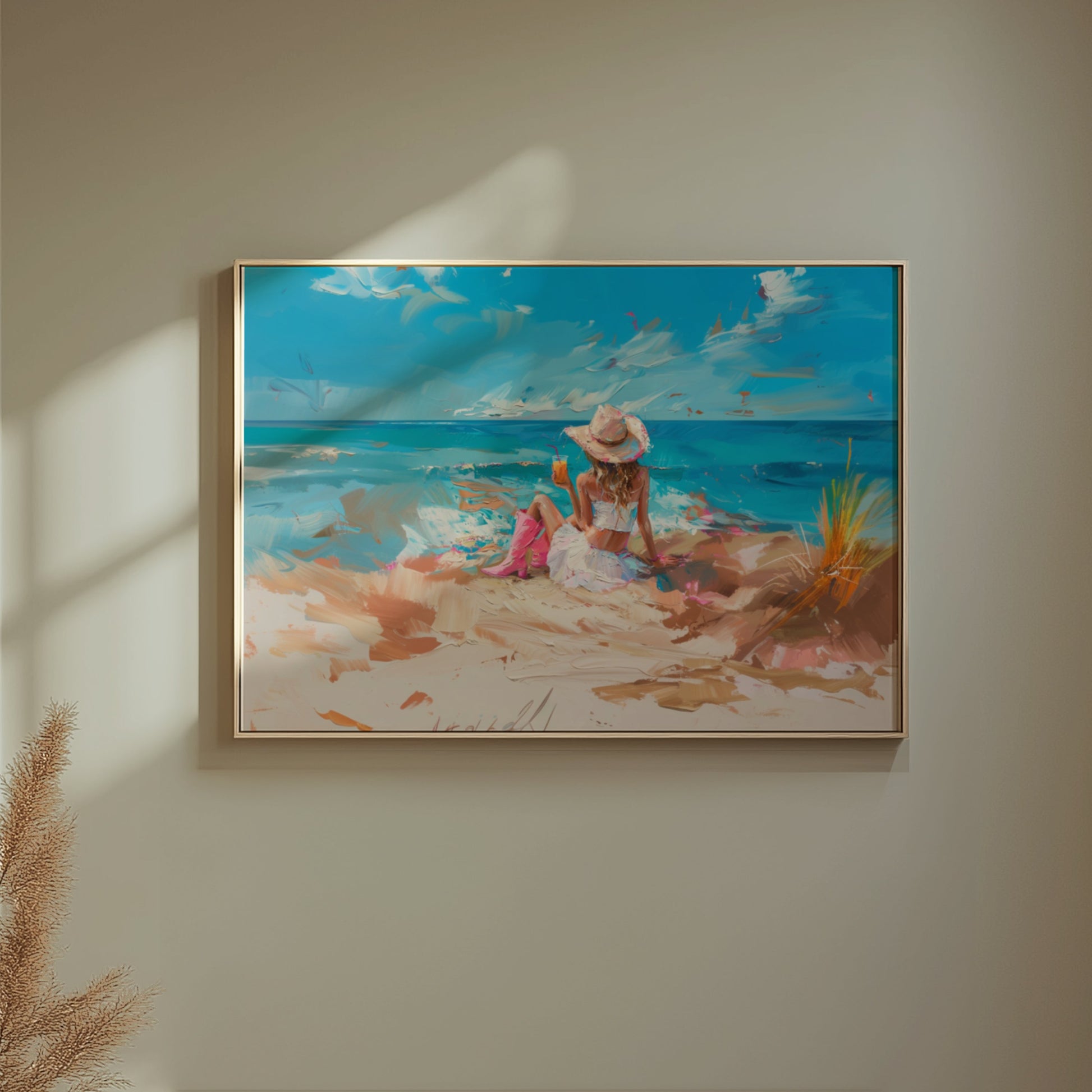 Premium Poster of Scenic Beach with Woman in Hat and Drink Posters