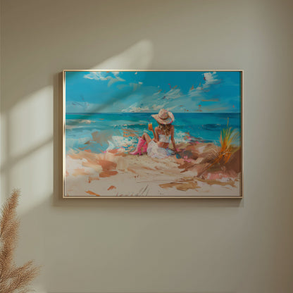 Premium Poster of Scenic Beach with Woman in Hat and Drink Posters