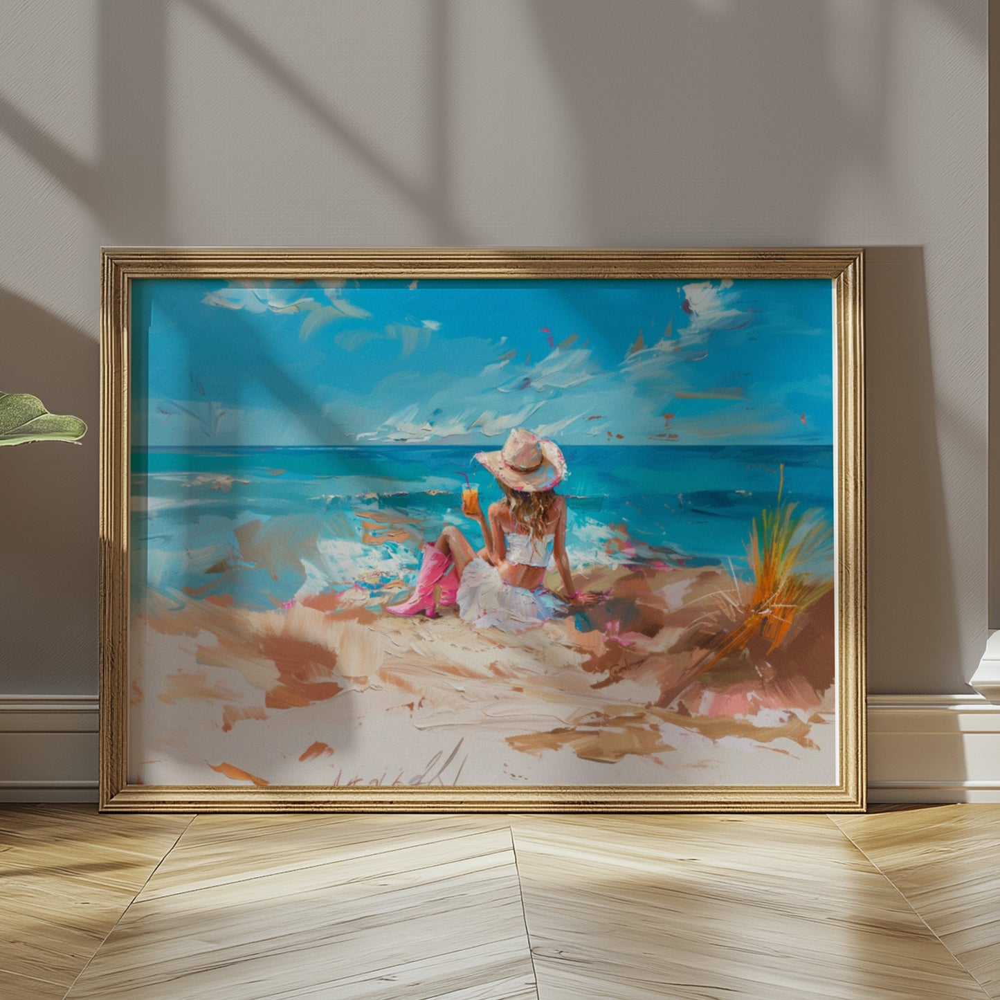 Premium Poster of Scenic Beach with Woman in Hat and Drink Posters