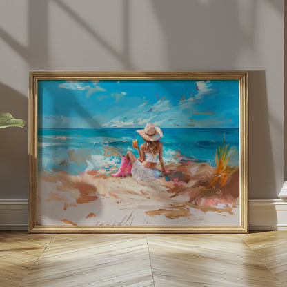 Premium Poster of Scenic Beach with Woman in Hat and Drink Posters