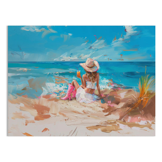 Premium Poster of Scenic Beach with Woman in Hat and Drink Posters