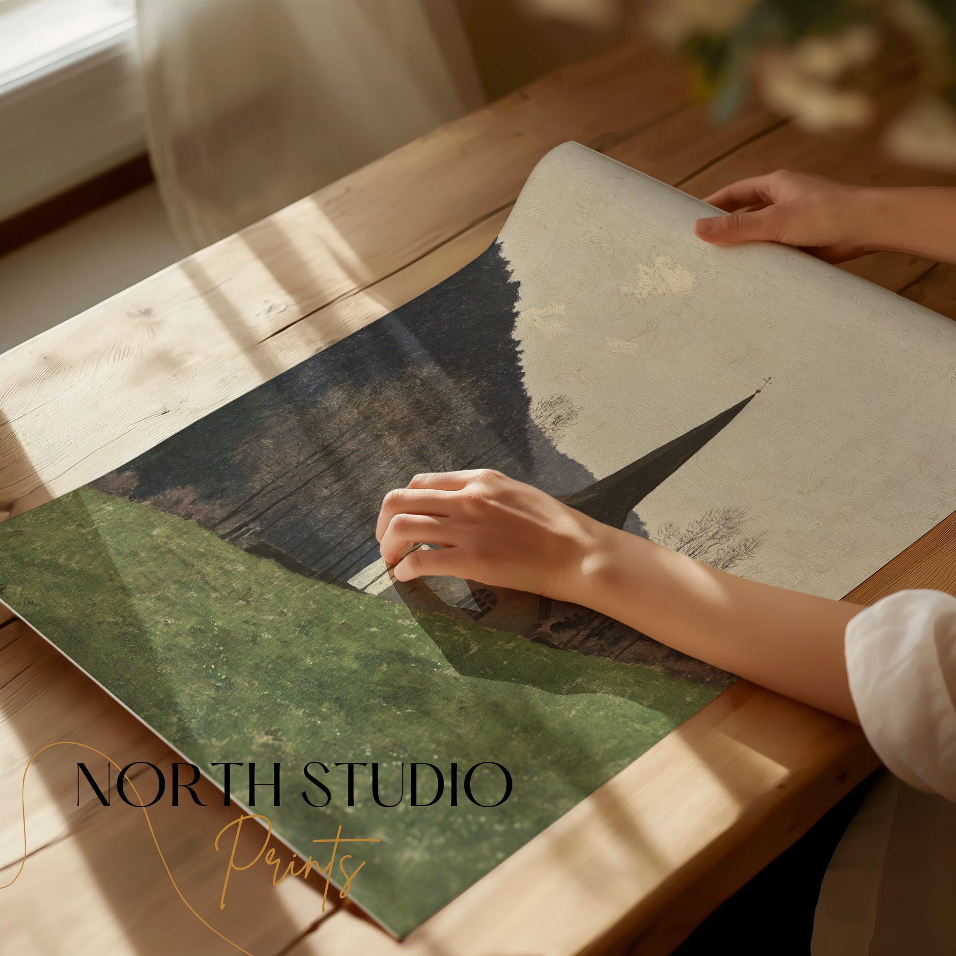Premium Poster of Scenic Church Landscape with Mountains Posters