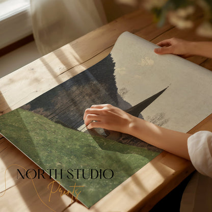 Premium Poster of Scenic Church Landscape with Mountains Posters
