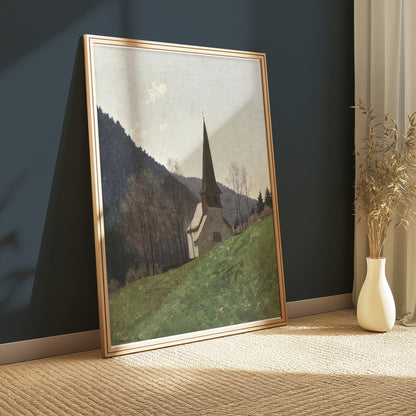 Premium Poster of Scenic Church Landscape with Mountains Posters