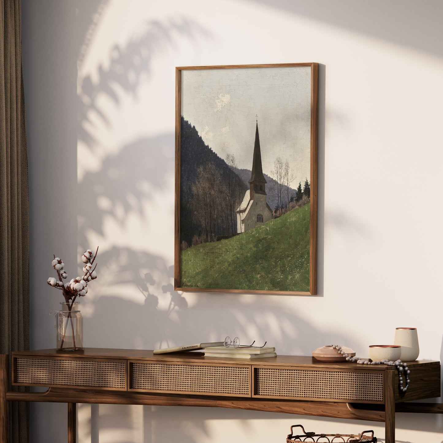 Premium Poster of Scenic Church Landscape with Mountains Posters