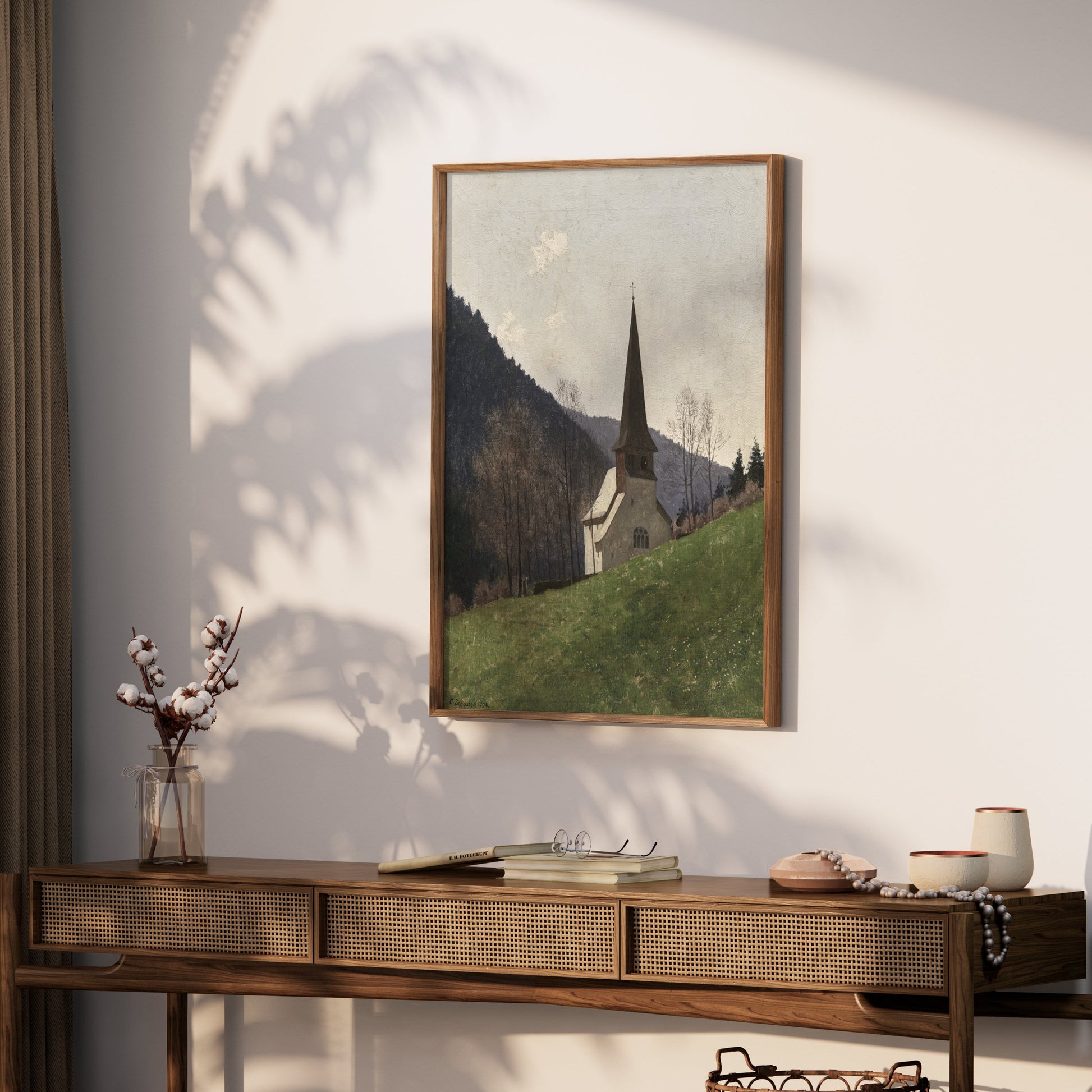 Premium Poster of Scenic Church Landscape with Mountains Posters