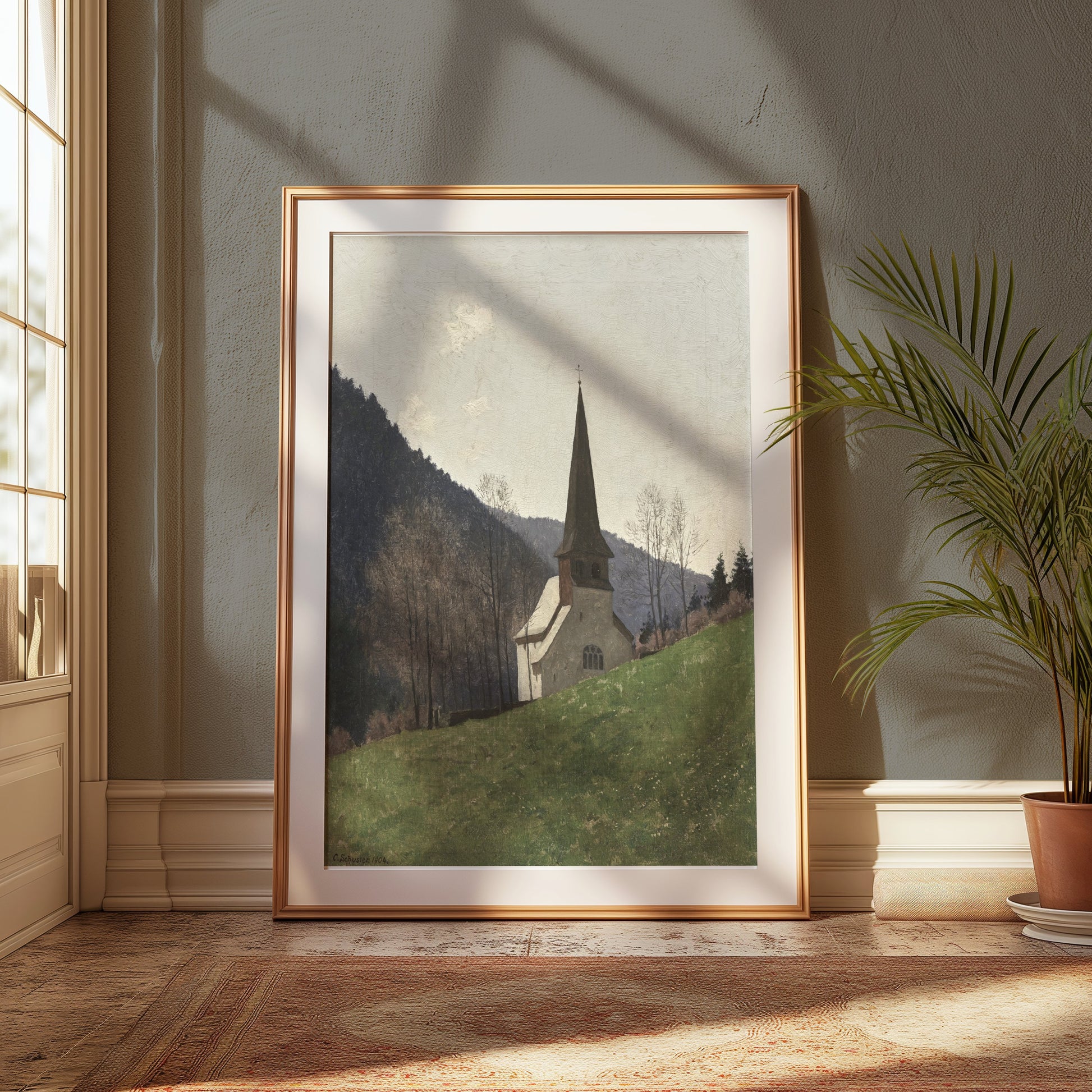Premium Poster of Scenic Church Landscape with Mountains Posters