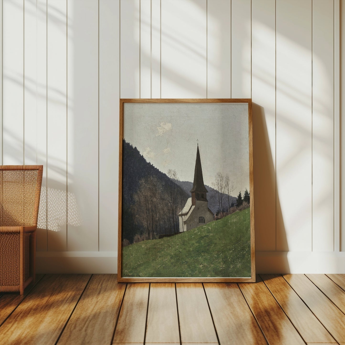 Premium Poster of Scenic Church Landscape with Mountains Posters