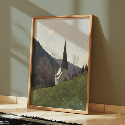 Premium Poster of Scenic Church Landscape with Mountains Posters