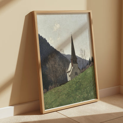 Premium Poster of Scenic Church Landscape with Mountains Posters