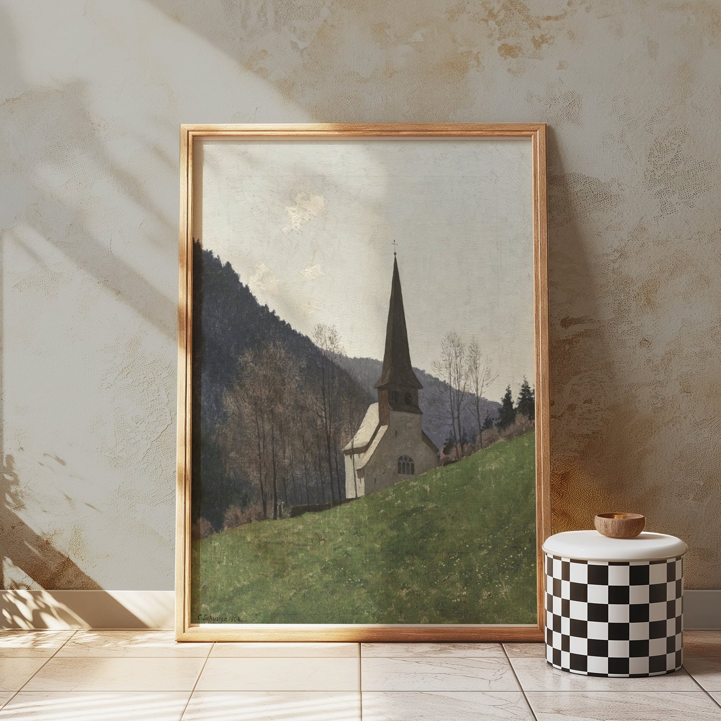 Premium Poster of Scenic Church Landscape with Mountains Posters