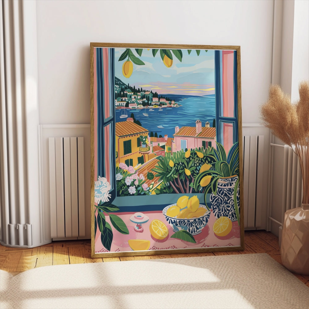 Premium Poster of Scenic Coastal Village Art Print with Lemons Posters