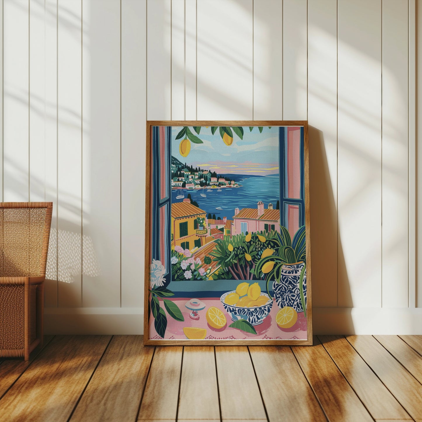 Premium Poster of Scenic Coastal Village Art Print with Lemons Posters