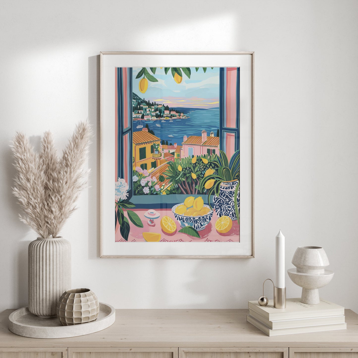 Premium Poster of Scenic Coastal Village Art Print with Lemons Posters