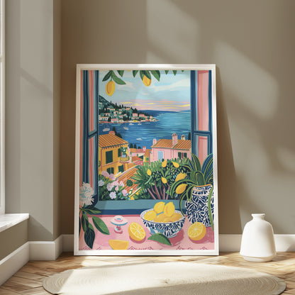 Premium Poster of Scenic Coastal Village Art Print with Lemons Posters