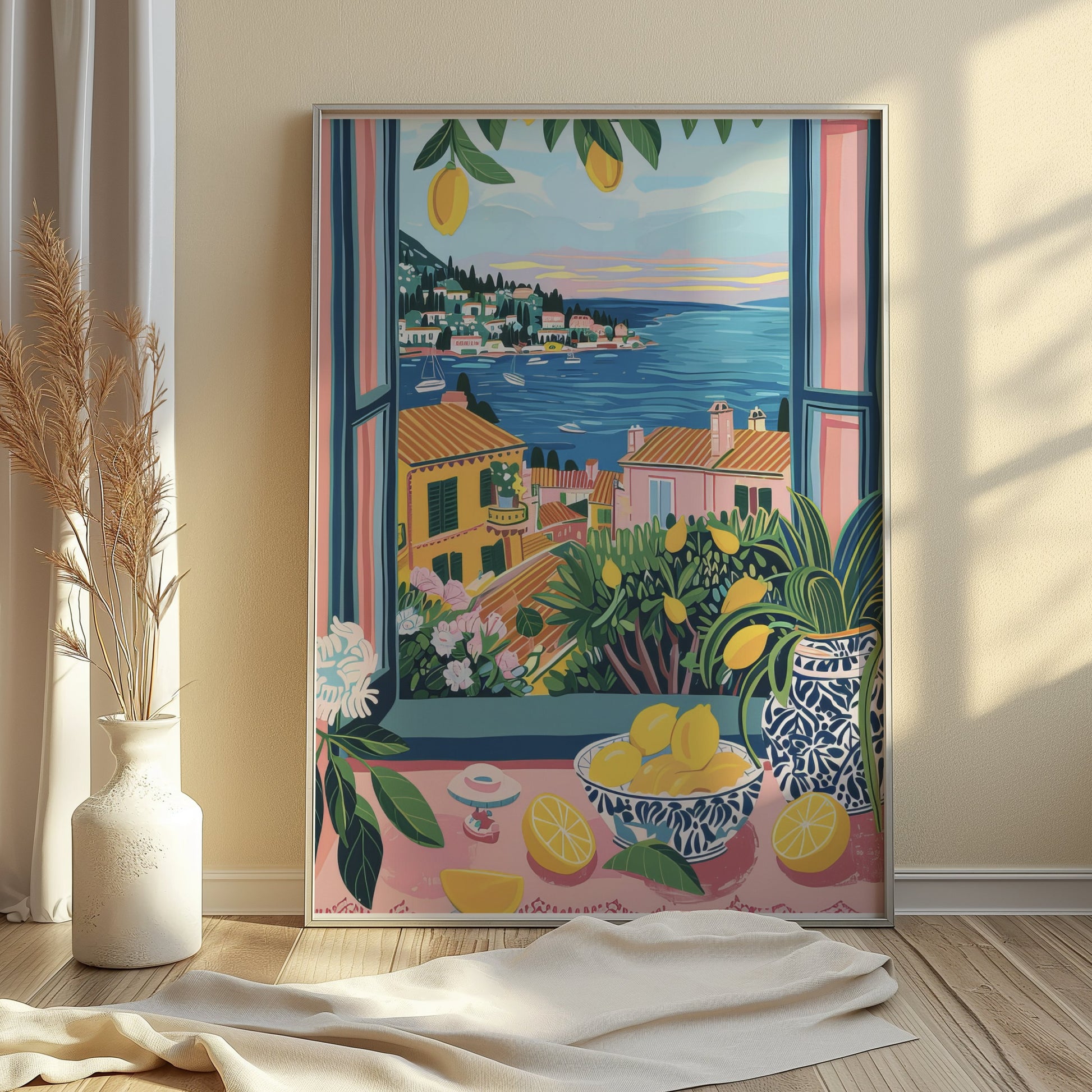 Premium Poster of Scenic Coastal Village Art Print with Lemons Posters